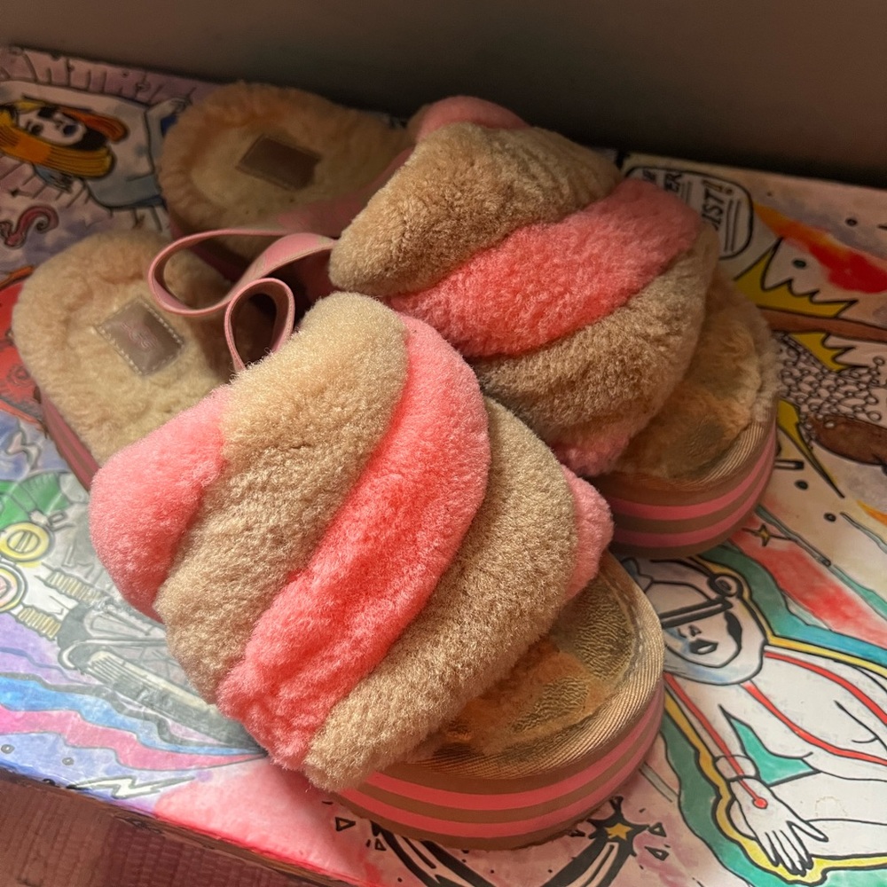 UGG Pink and Tan Fluffy Slide Sandals
